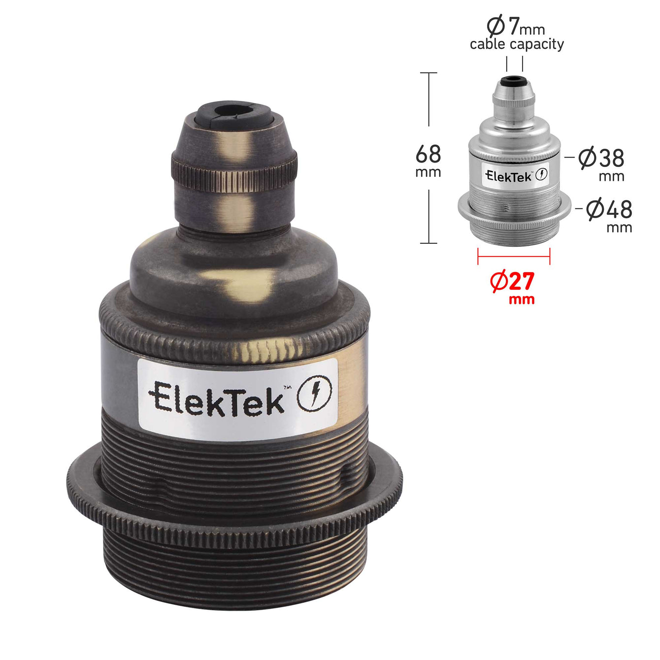 ElekTek ES E27 Cord Grip Pendant Lamp Holder Threaded Skirt With Shade Ring Brass - Buy It Better 