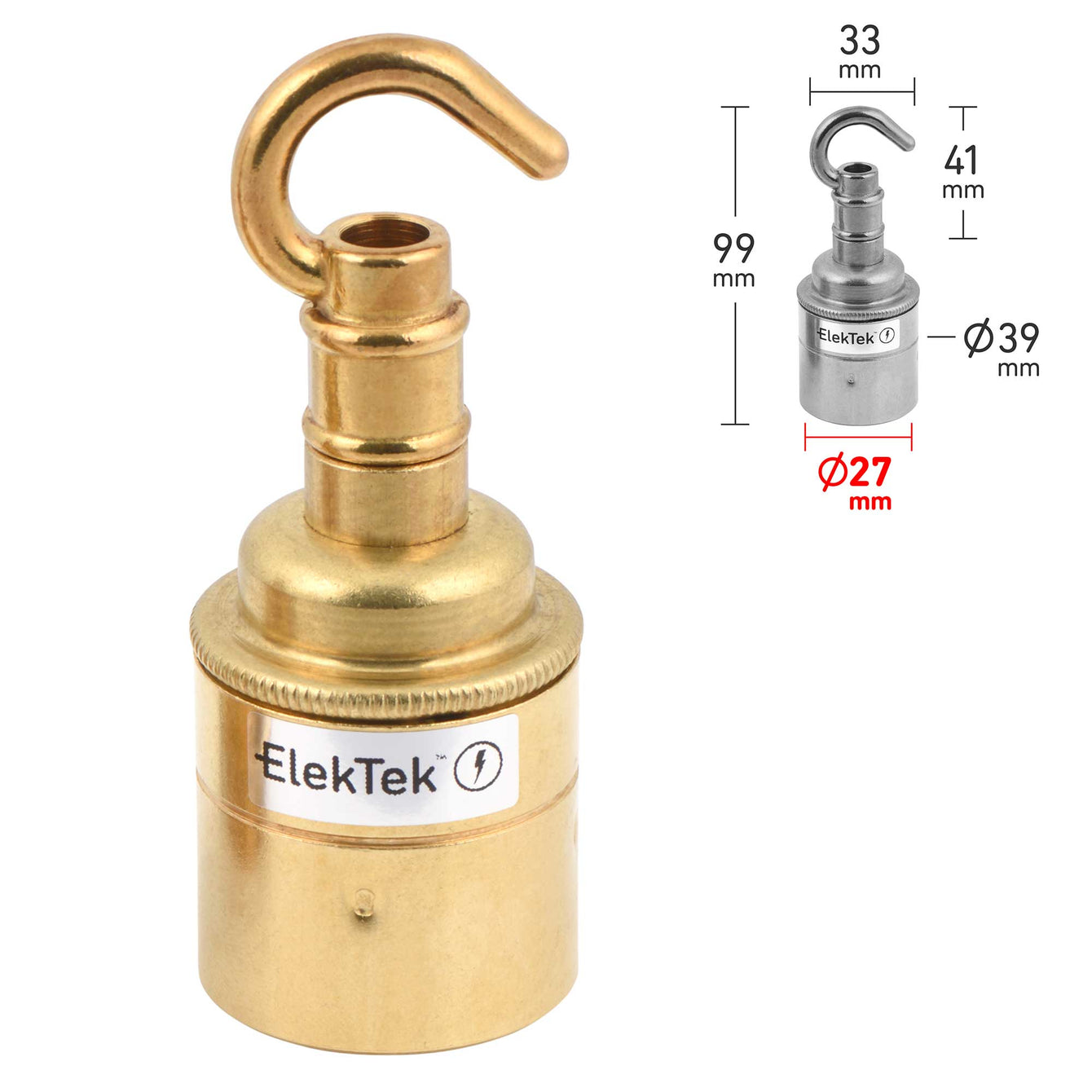 ElekTek ES Edison Screw E27 Lamp Holder Plain Skirt With Accessory Hook Brass Antique Brass