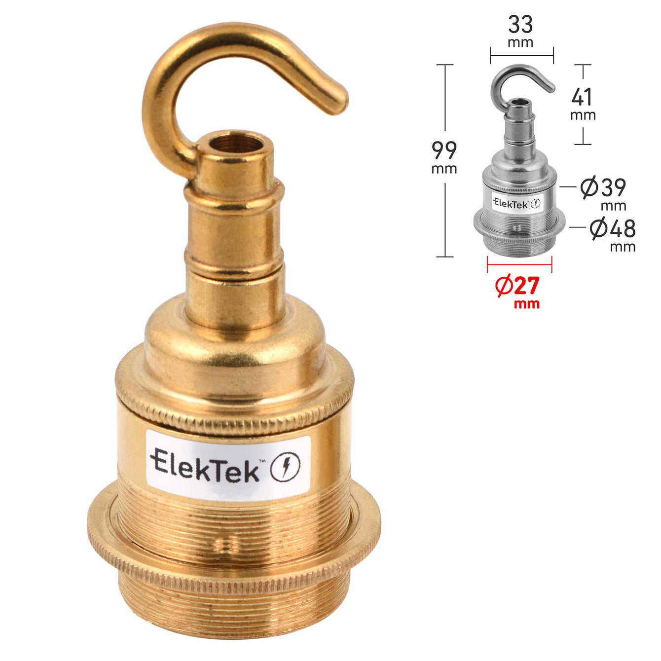 ElekTek ES Edison Screw E27 Lamp Holder Shade Ring With Accessory Hook Brass Antique Brass