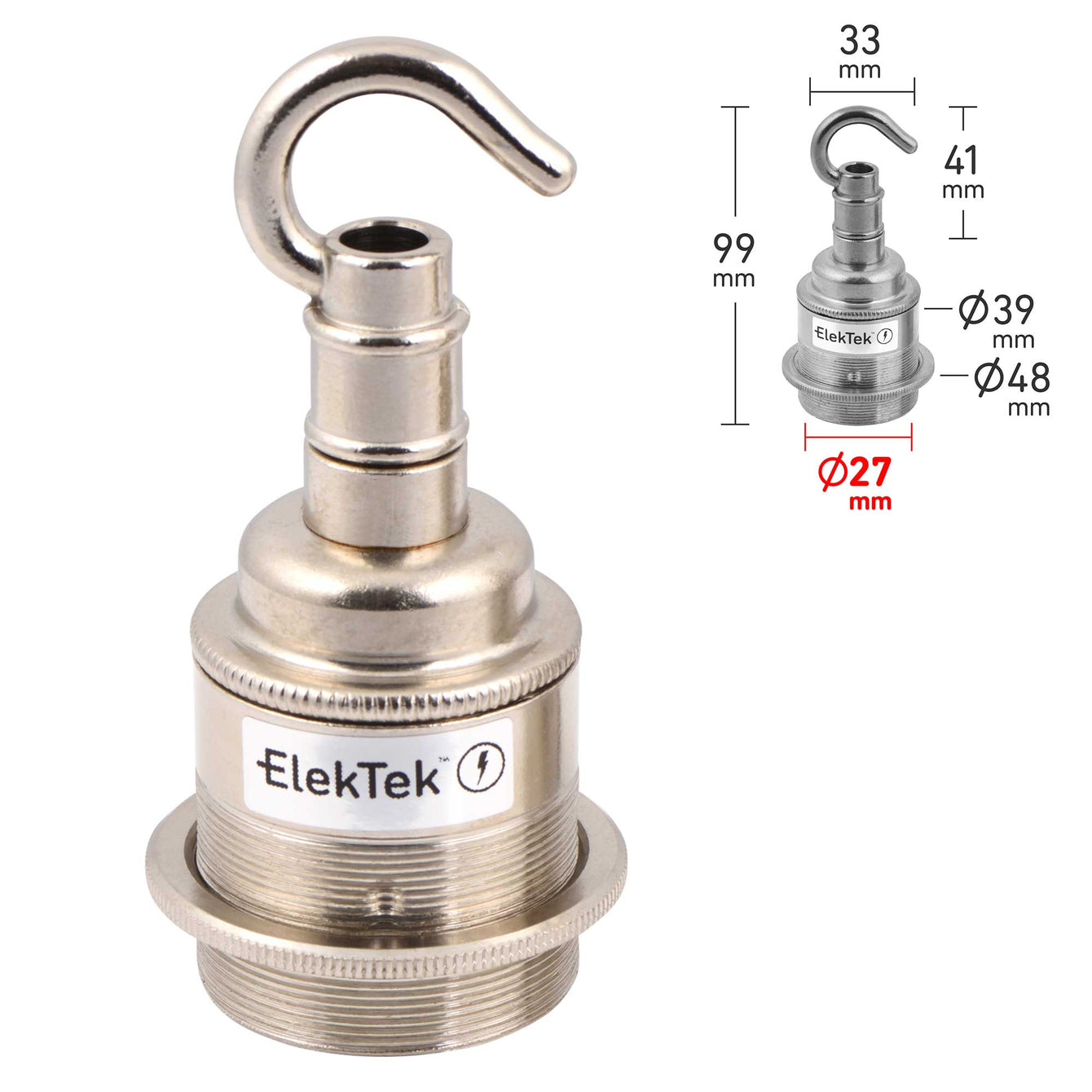 ElekTek ES Edison Screw E27 Lamp Holder Shade Ring With Accessory Hook Brass 