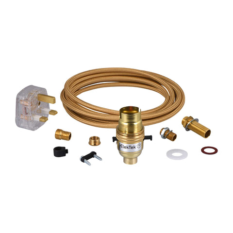 ElekTek Premium Lamp Kit Brass Safety Switch B22 Lamp Holder with Gold Flex and 3A UK Plug