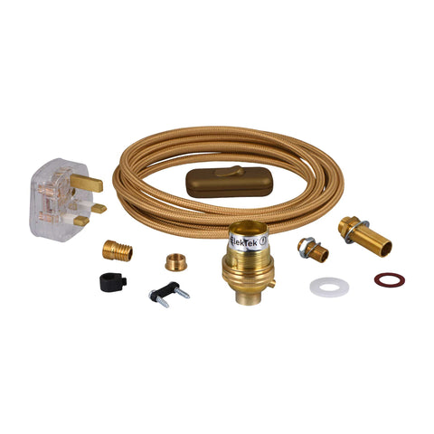ElekTek Premium Lamp Kit Brass Unswitched B22 Lamp Holder with Gold Flex and 3A UK Plug