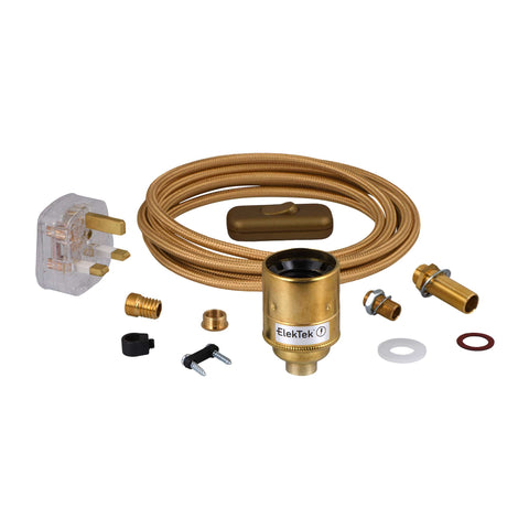 ElekTek Premium Lamp Kit Brass Plain E27 Lamp Holder with Gold Flex, In Line Switch and 3A UK Plug