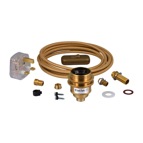 ElekTek Premium Lamp Kit Brass Shade Ring E27 Lamp Holder with Gold Flex, In Line Switch and 3A UK Plug