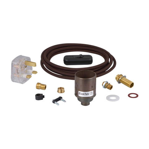 ElekTek Premium Lamp Kit Antique Brass Plain E27 Lamp Holder with Flex, In Line Switch and 3A UK Plug