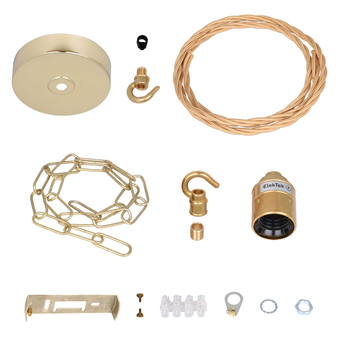 ElekTek Premium Pendant Light Kit DIY 100mm Flat Top Ceiling Rose, Chain, Twisted Flex and Lamp Holder E27 Plain Hook - Buy It Better Antique Brass