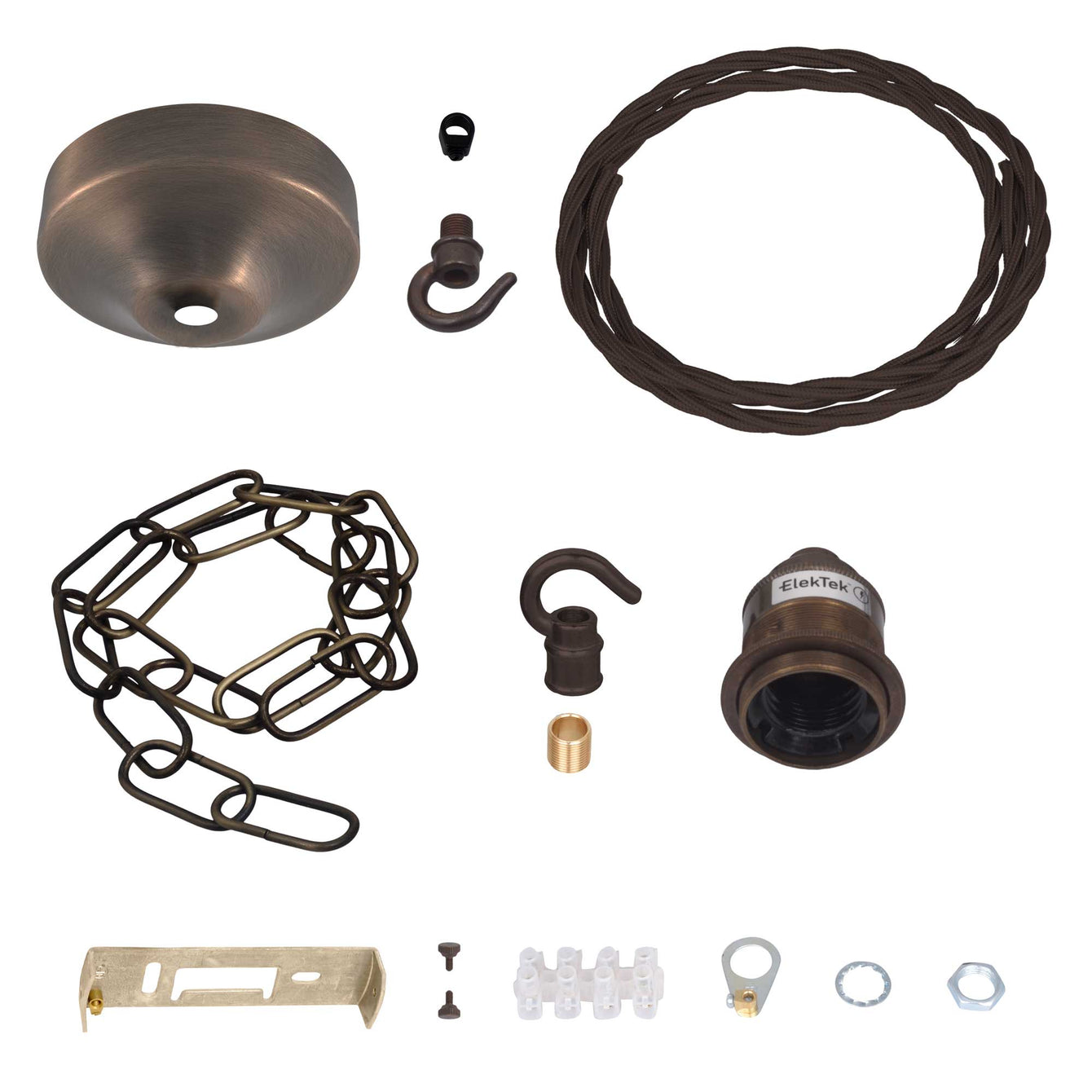 ElekTek Premium Pendant Light Kit DIY 100mm Convex Ceiling Rose, Chain, Twisted Flex and Lamp Holder E27 Shade Ring Hook - Buy It Better Nickel (Round Flex)