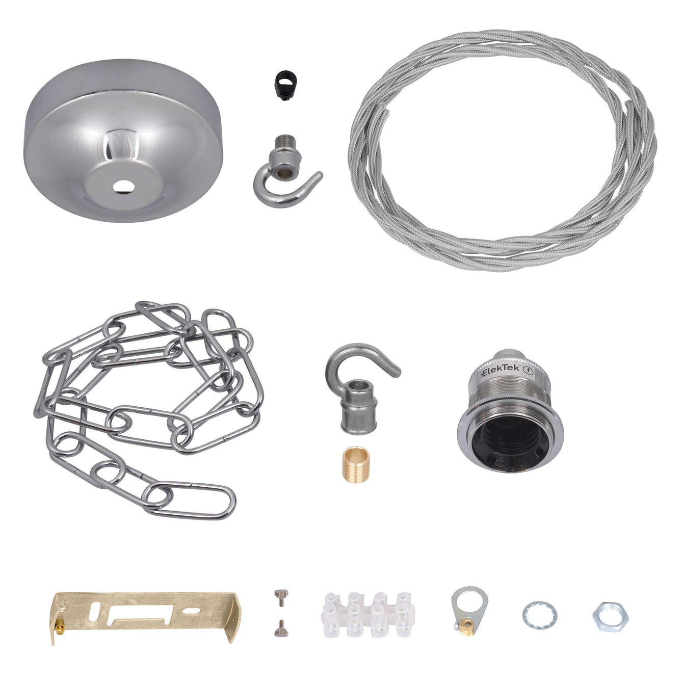ElekTek Premium Pendant Light Kit DIY 100mm Convex Ceiling Rose, Chain, Twisted Flex and Lamp Holder E27 Shade Ring Hook - Buy It Better 