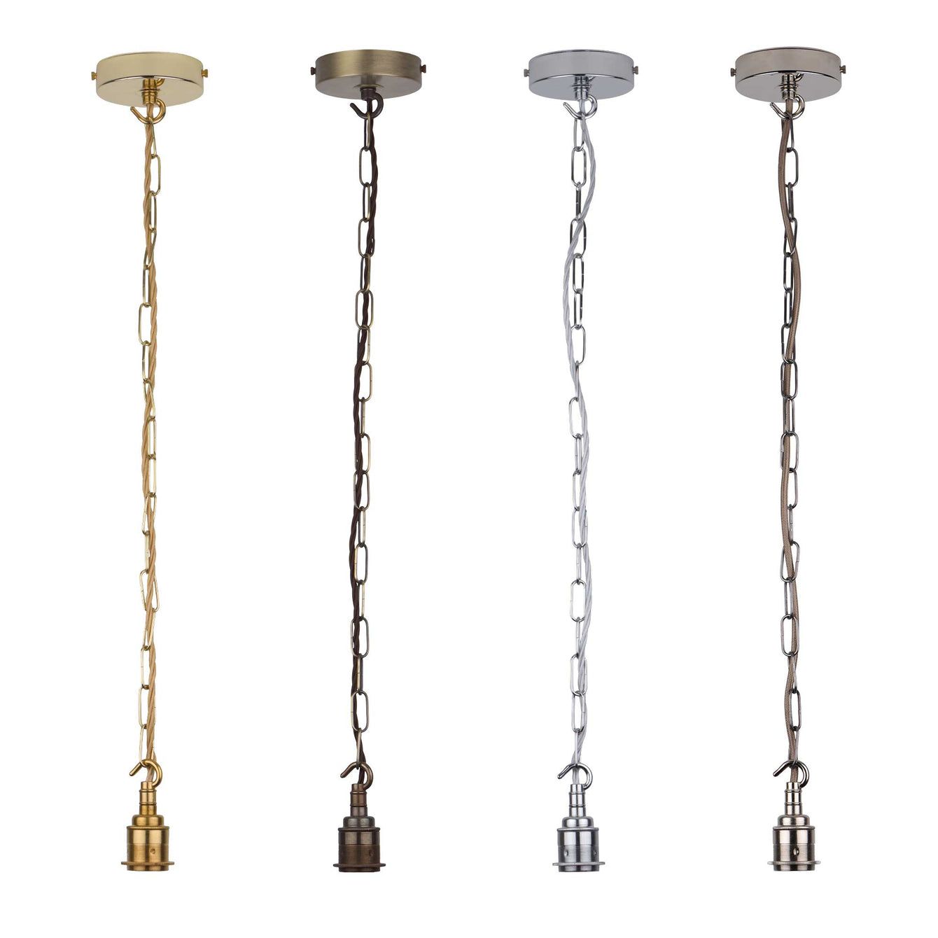 ElekTek Premium Pendant Light Kit DIY 100mm Flat Top Ceiling Rose, Chain, Twisted Flex and Lamp Holder E27 Shade Ring Hook - Buy It Better Brass