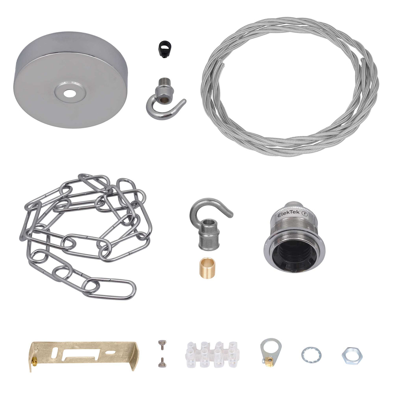 ElekTek Premium Pendant Light Kit DIY 100mm Flat Top Ceiling Rose, Chain, Twisted Flex and Lamp Holder E27 Shade Ring Hook - Buy It Better 