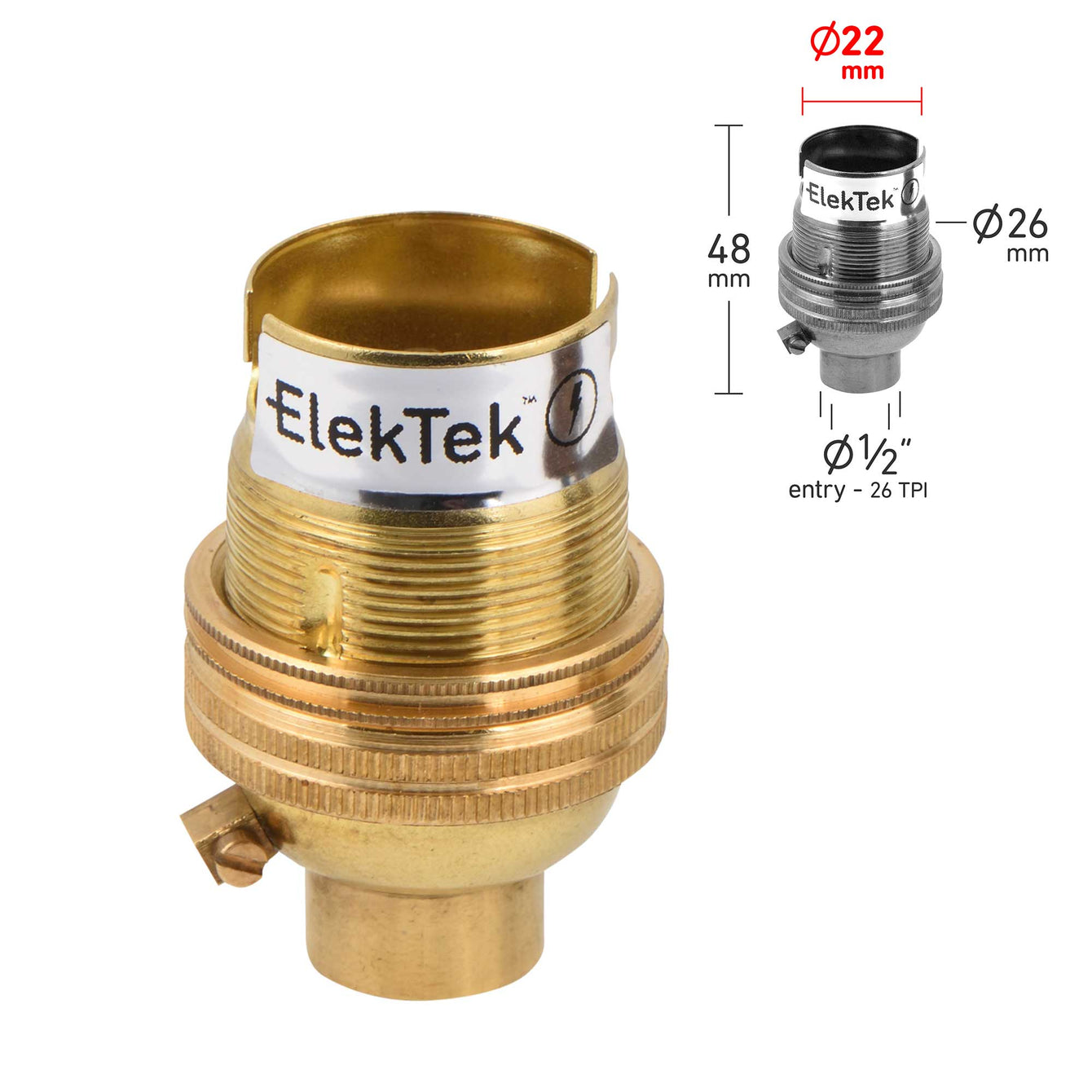 ElekTek Lamp Holder Bayonet Cap B22 Unswitched 10mm or Half Inch Entry With Shade Ring Solid Brass - Buy It Better 