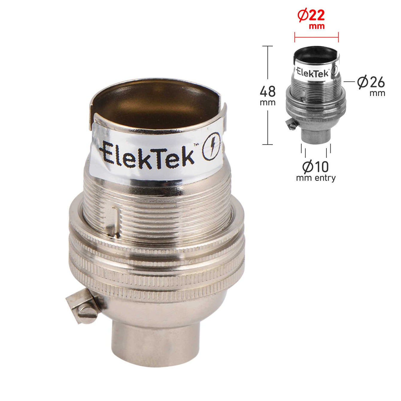 ElekTek Lamp Holder Bayonet Cap B22 Unswitched 10mm or Half Inch Entry With Shade Ring Solid Brass - Buy It Better 