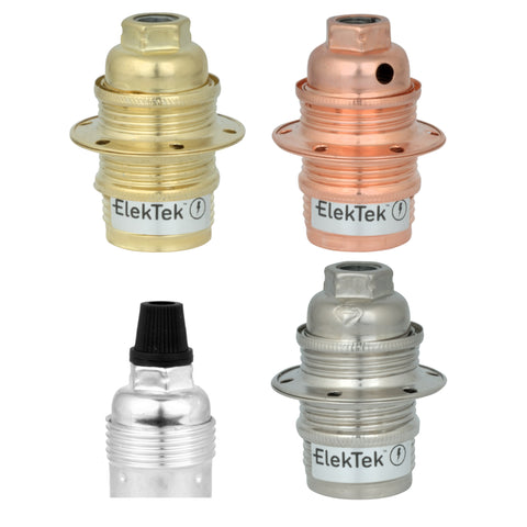 ElekTek SES E14 Lamp Holder 10mm Entry Small Edison Screw Earthed With Shade Rings Cord Grip Brass