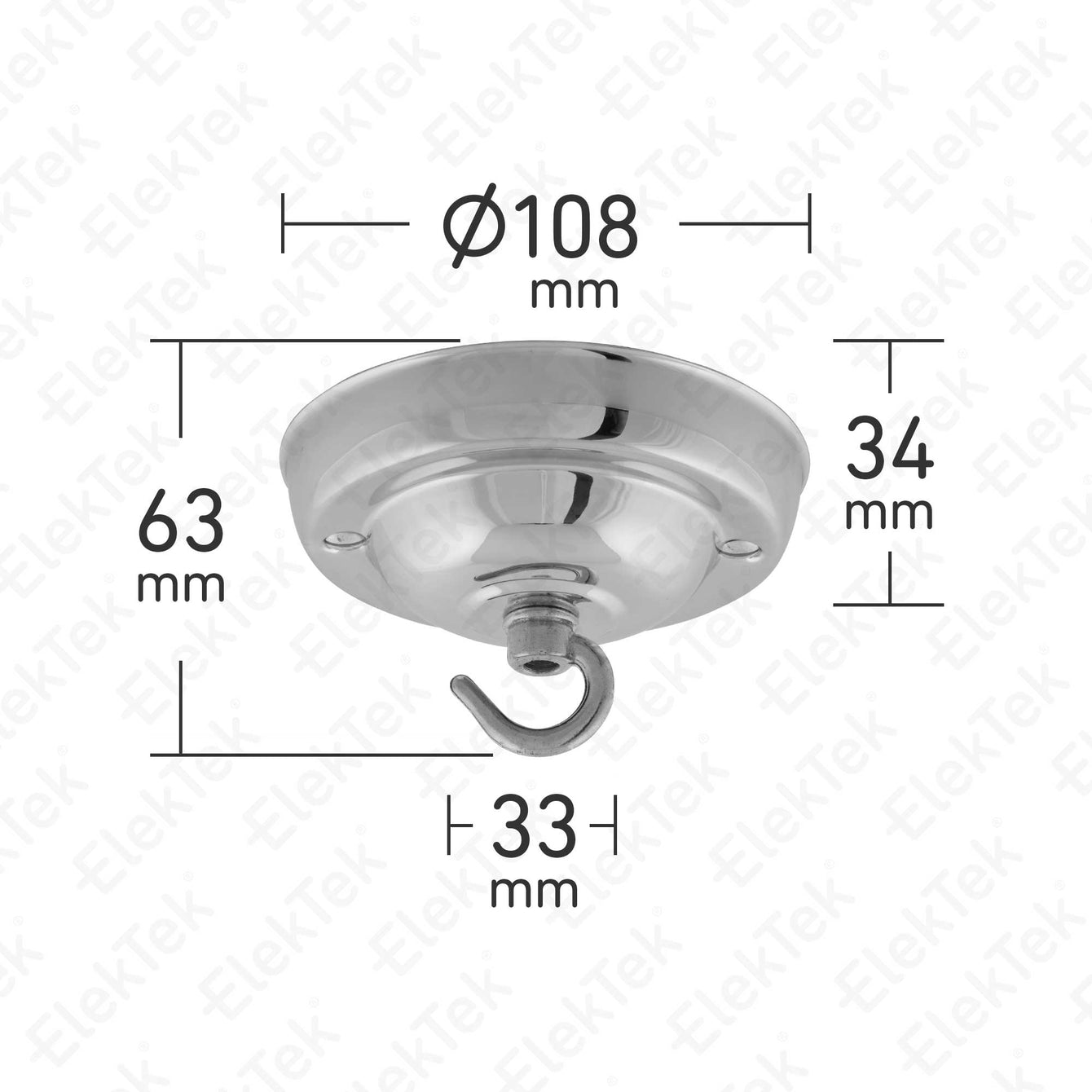 ElekTek 108mm Diameter Ceiling Rose with Hook Metallic Finishes Powder Coated Colours For Light Fittings and Chandeliers Chrome