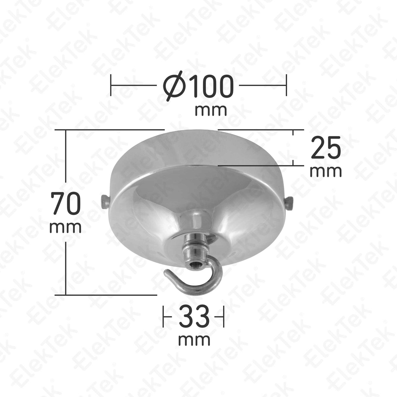 ElekTek 100mm Diameter Convex Ceiling Rose with Strap Bracket and Hook Metallic and Powder Coated Finishes Chrome