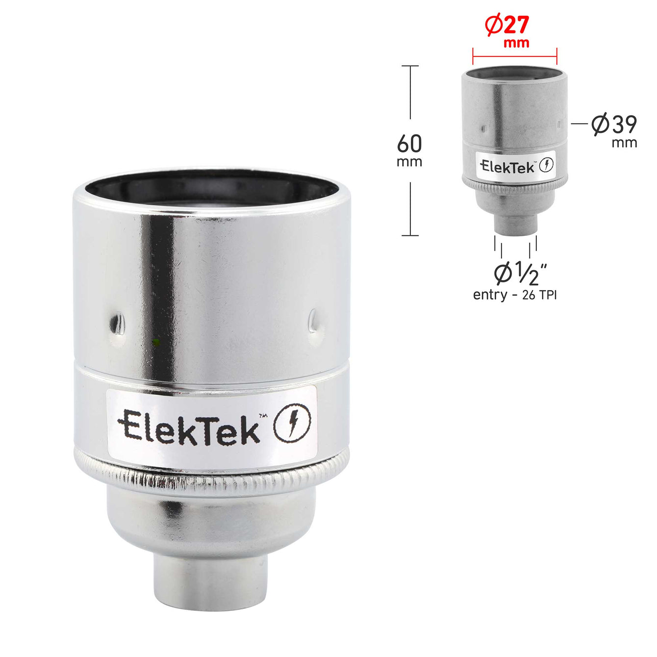 ElekTek ES Edison Screw E27 Lamp Holder Plain Skirt 10mm or Half Inch Entry Ideal for Vintage Filament Bulbs Brass 