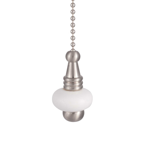 ElekTek Light Pull Chain White Ceramic Disc Brushed Steel/Nickel With 80cm Matching Chain