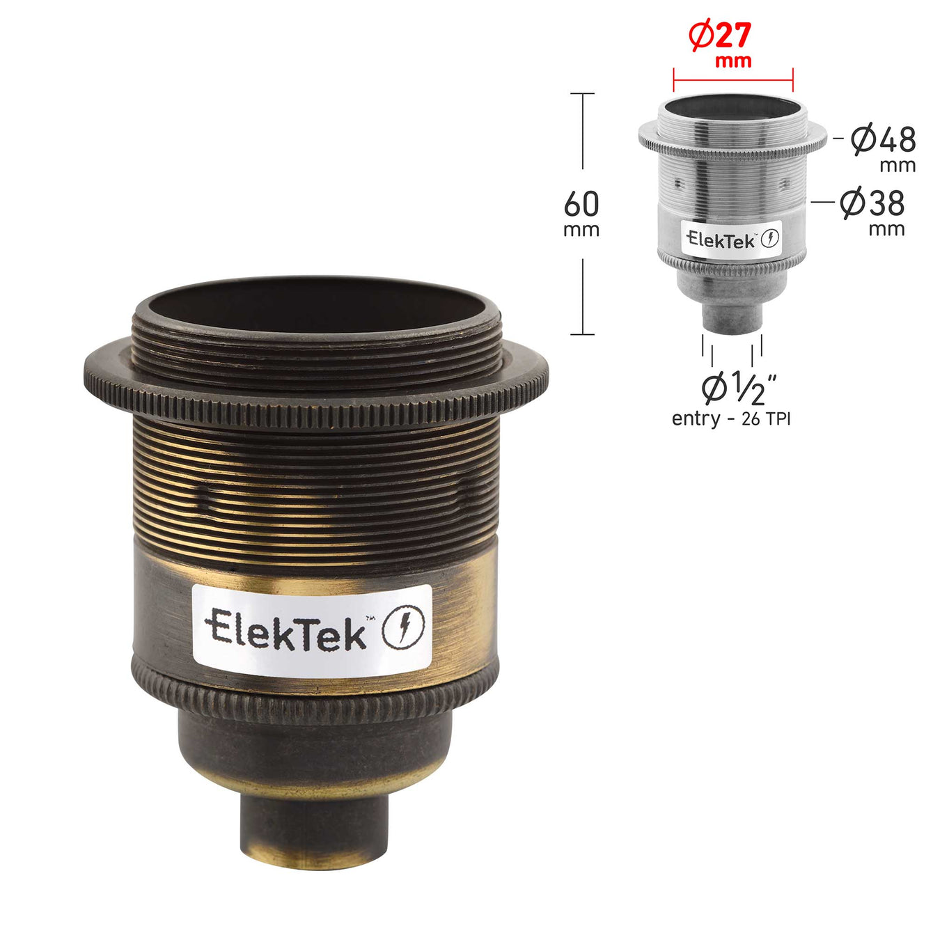 ElekTek ES Edison Screw E27 Lamp Holder With Shade Ring 10mm or Half Inch Entry Ideal for Vintage Filament Bulbs Brass - Buy It Better 