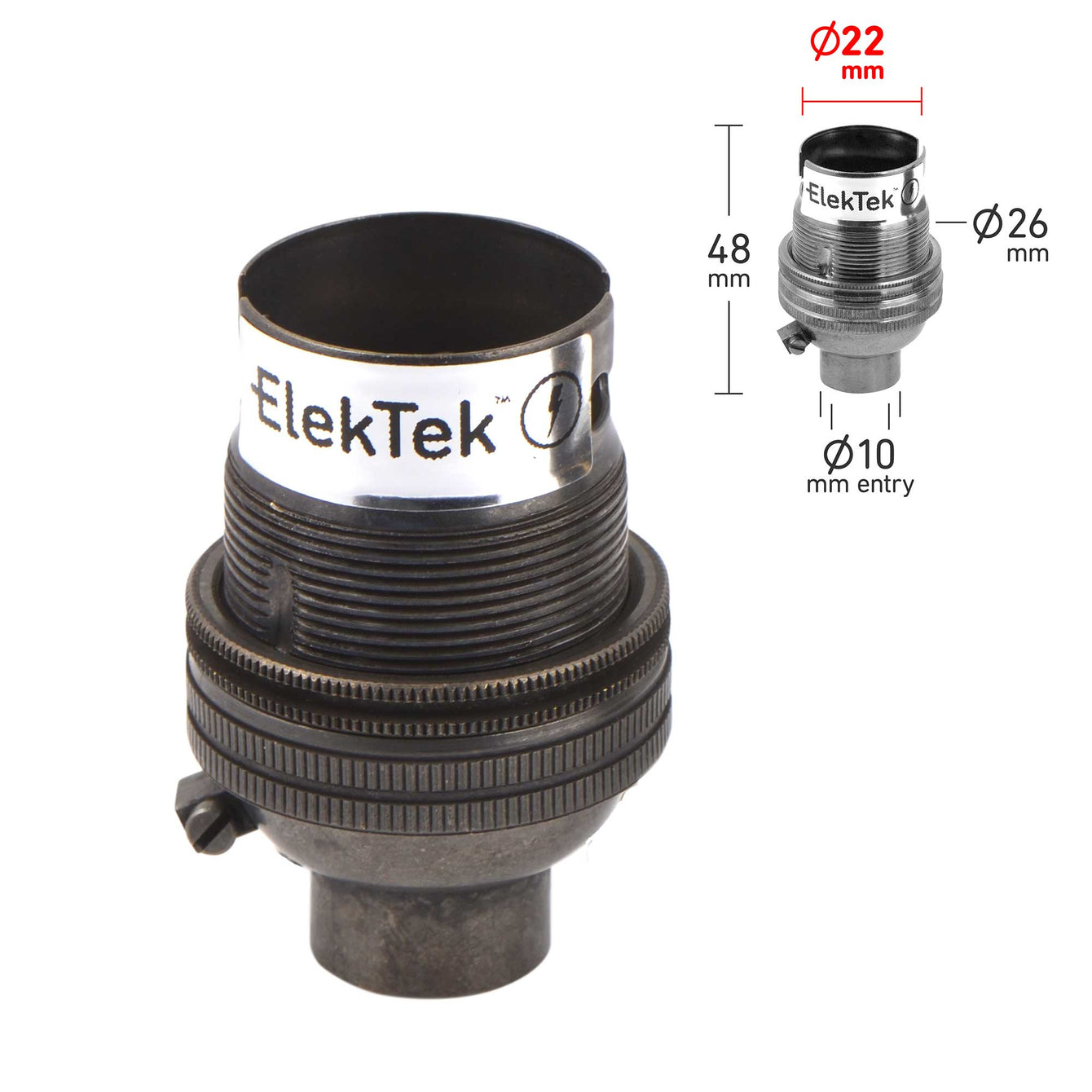 ElekTek Lamp Holder Bayonet Cap B22 Unswitched 10mm or Half Inch Entry With Shade Ring Solid Brass - Buy It Better Chrome / Half Inch