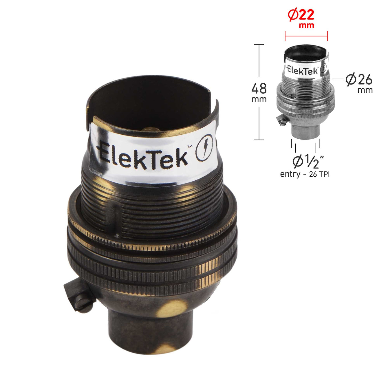 ElekTek Lamp Holder Bayonet Cap B22 Unswitched 10mm or Half Inch Entry With Shade Ring Solid Brass - Buy It Better 