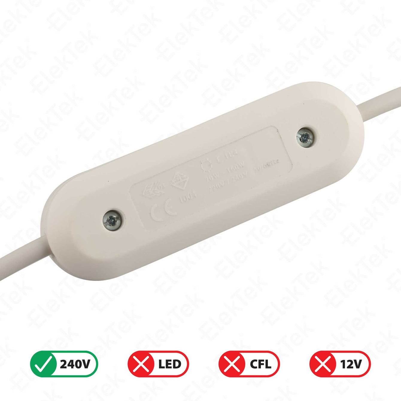 ElekTek In Line Rotary Dimmer Switch Rated 20-160w 240v AC 3 Core Suitable For Incandescent Lamps and Bulbs Colours 